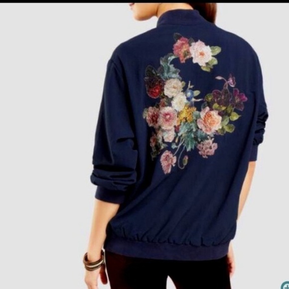 World Market Bomber Jacket Floral Embroidered Dark Navy Zip Reversible Paisely - Picture 1 of 12